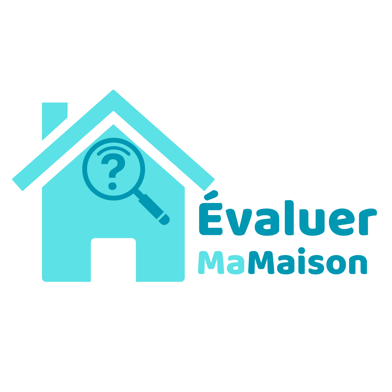 Logo d'une maison bleu avec une loupe et le texte : 'Evaluer ma maison'